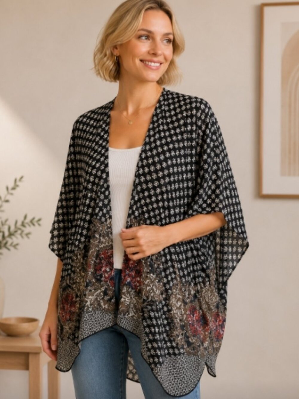 Aggie women's S open front lightweight kimono/shawl/poncho w/ floral print NWT